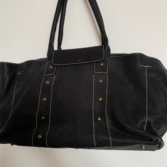 Sac de week-end en cuir véritable noir surpiqué et boutons or bronze - Picture 3 of 6